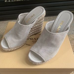 Prada Suede Wedge Espadrille Mule Sandal